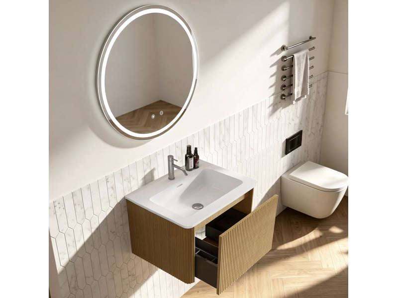  Meuble vasque suspendu 61 cm avec miroir led antibuée, 1 tiroir, bois clair  - Conforama D