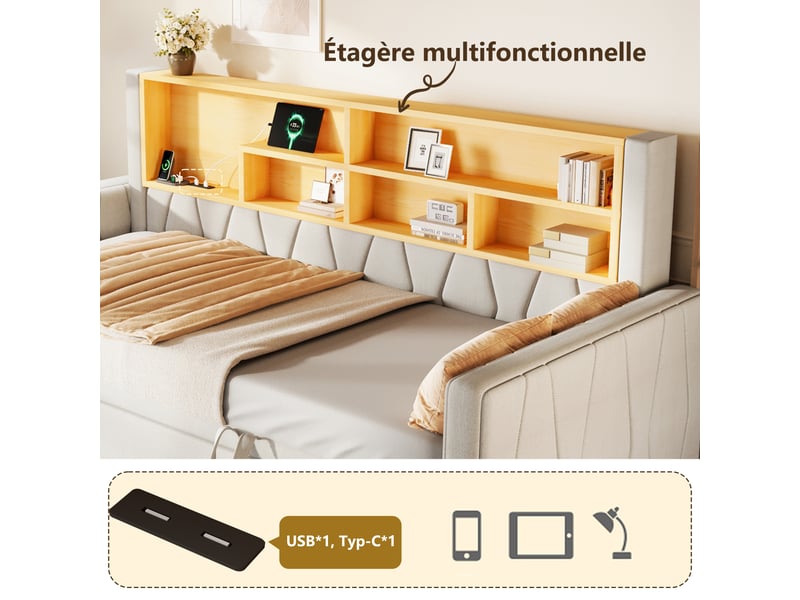 Canapé-lit 90 × 200 cm + 180 × 200 cm – avec bande led – avec prise électrique – revêtement en lin – beige (matelas non inclus) - Conforama W