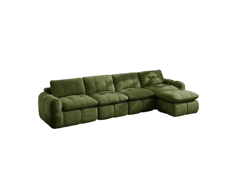  Canapé modulable 4 places vert en tissu chenille, canapé d’angle à assise large et profonde avec ottoman assorti pour salon  - Conforama C