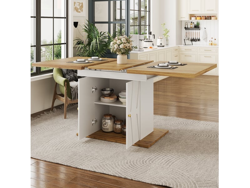  Table à manger extensible 110 à 140 cm blanche et bois clair, rangement intégré et décor relief élégant  - Conforama E