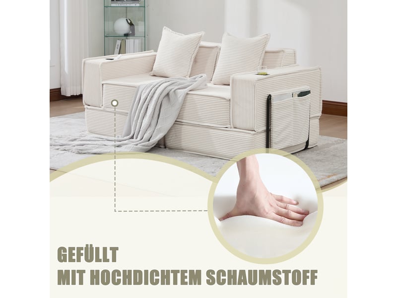  Canapé 2 places beige en velours côtelé 162 × 78 × 66 cm, 2 coussins, pouf, rangement latéral et porte-gobelets  - Conforama E