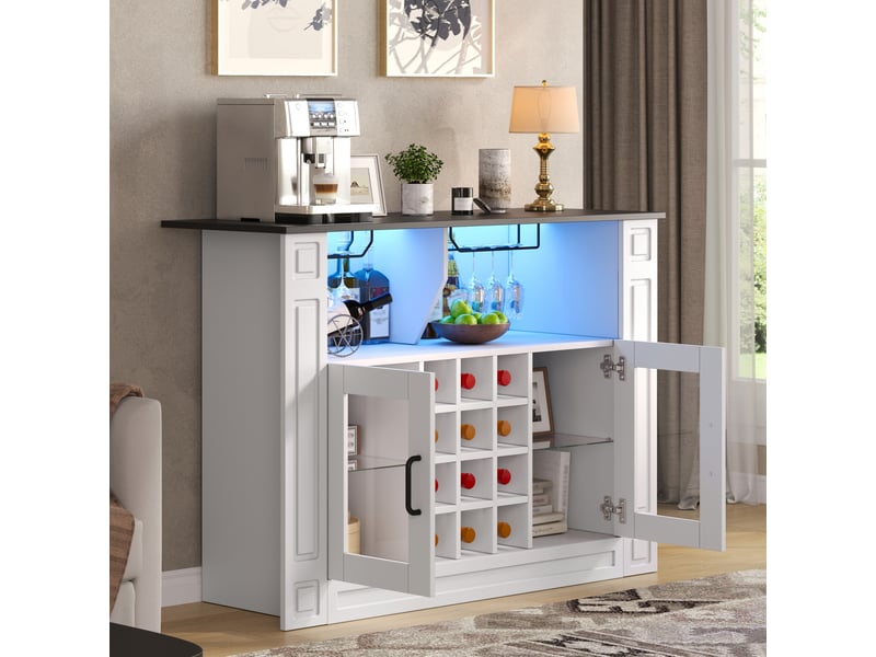  Buffet à vin avec led rgb 120x35x84 cm en mdf blanc, plateau noir  - Conforama W
