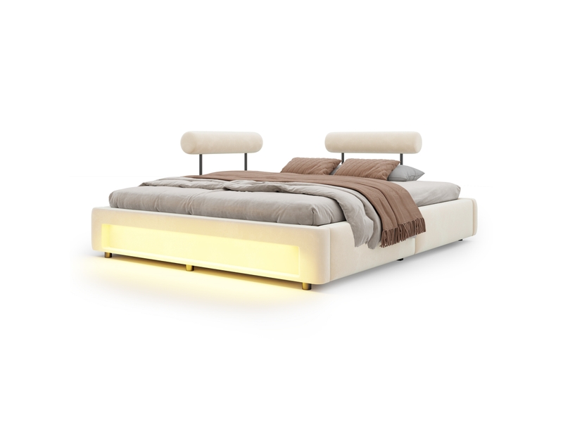  Lit 160x200 cm rembourré avec 2 dossiers réglables et led, velours beige  - Conforama A