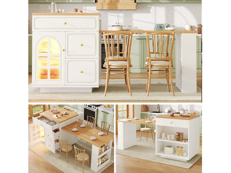  Îlot de cuisine extensible 195,5x59x93,5 cm avec tiroirs, bande led rgb, mdf, blanc  - Conforama E