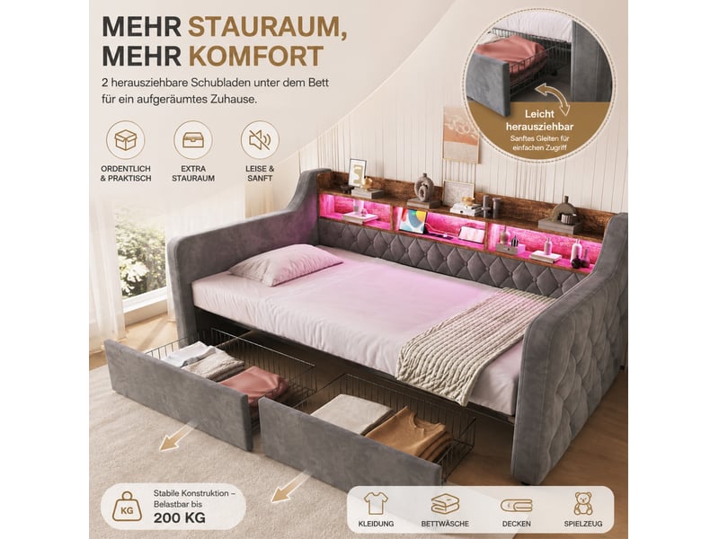  Lit 90x190 cm avec led, usb et type-c, tête de lit avec rangement, 2 tiroirs, gris sans matelas  - Conforama D