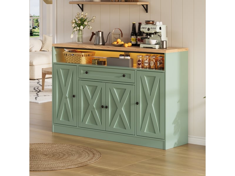  Buffet bas 140x35x95 cm vert avec led rgb, 4 portes style grange, tiroir, étagères de rangement, meuble cuisine salle à manger moderne  - Conforama C