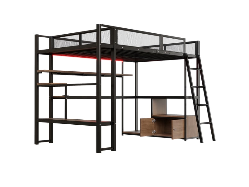 Lit mezzanine gaming 140x200 cm noir, avec bureau, led, rangements, étagères, placard, structure métal, sommier inclus, sans matelas - Conforama E