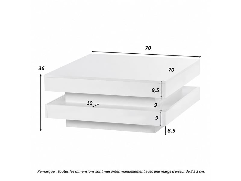  Table basse carrée blanche avec éclairage led bluetooth, 70 x 70 x 36 cm  - Conforama D