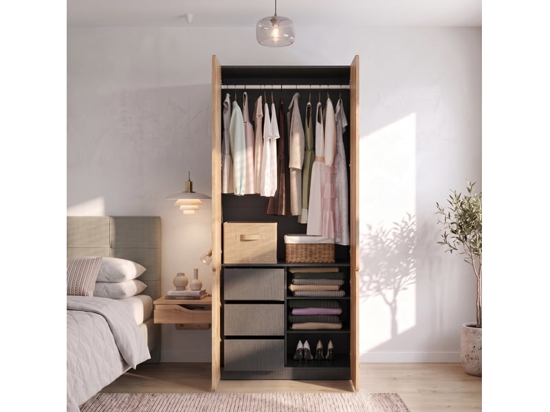  Armoire modenvie 4 portes 90 x 50 x 200 cm avec penderie et 3 tiroirs décor chêne  - Conforama D