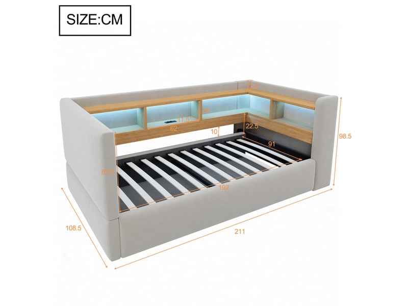  Canapé-lit 90x190 cm, lit enfant, couchage d'appoint, rangement hydraulique, gris clair, led  - Conforama W