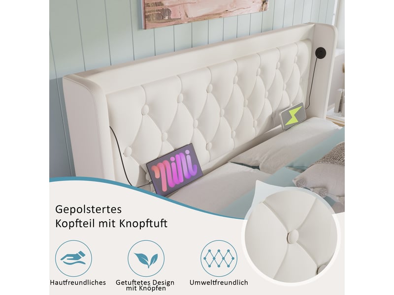  Lit capitonné 140*200 cm, tête rembourrée, port usb-c, éclairage led 3 côtés, coffre hydraulique, blanc pu, matelas inclus  - Conforama E