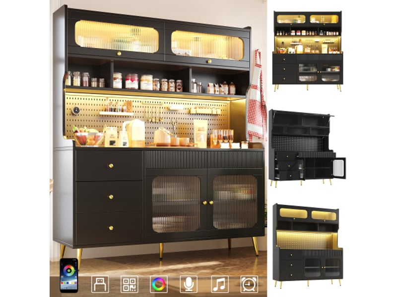Buffet noir moderne avec led et app mobile - colonne étroite 145x39x171 cm, tiroirs et étagères en verre, cuisine-salon - Conforama B