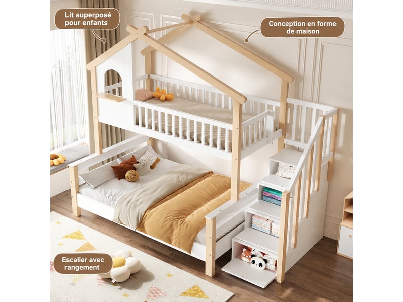 Lit superposé avec escalier de rangement, forme cabane, sommiers inclus, blanc et naturel, 90x190 et 120x190 cm - Conforama B