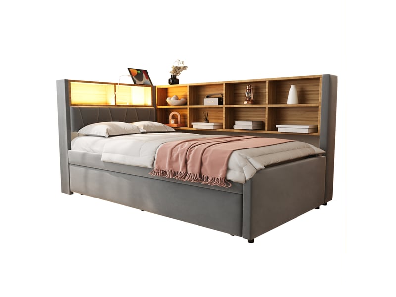  Lit gigogne 90x200 cm avec led et ports de charge, flanelle gris foncé  - Conforama A