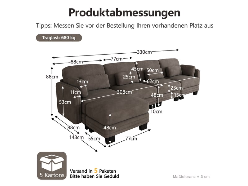  Canapé d’angle modulable 4 places 330x143x88 cm avec pouf, coussins inclus, design ergonomique, chenille marron  - Conforama C