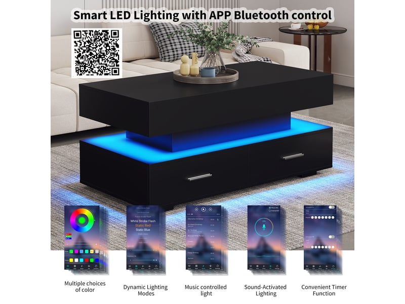  Table basse relevable hydraulique avec 2 tiroirs led pour salon en panneaux de particules 100×50×44 cm noire  - Conforama C