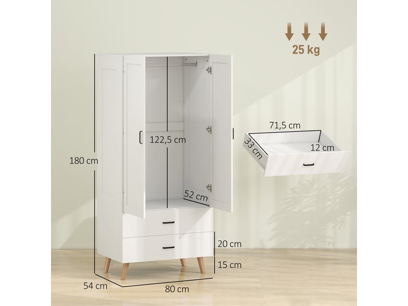  Armoire chambre penderie 2 portes à fermeture douce, 2 tiroirs et barre de suspension, 80x54x180cm, blanc  - Conforama C