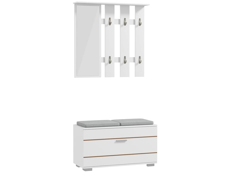  Ensemble de meubles d'entrée avec porte-manteau, miroir, banc avec coussins et étagère à chaussures pour 8 paires de chaussures, blanc  - Conforama B