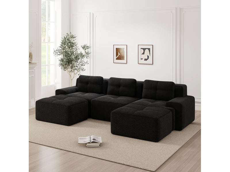  Canapé modulable en u 293x177x69 cm 3 places, montage sans outil, assise profonde, en velours côtelé, noir  - Conforama E
