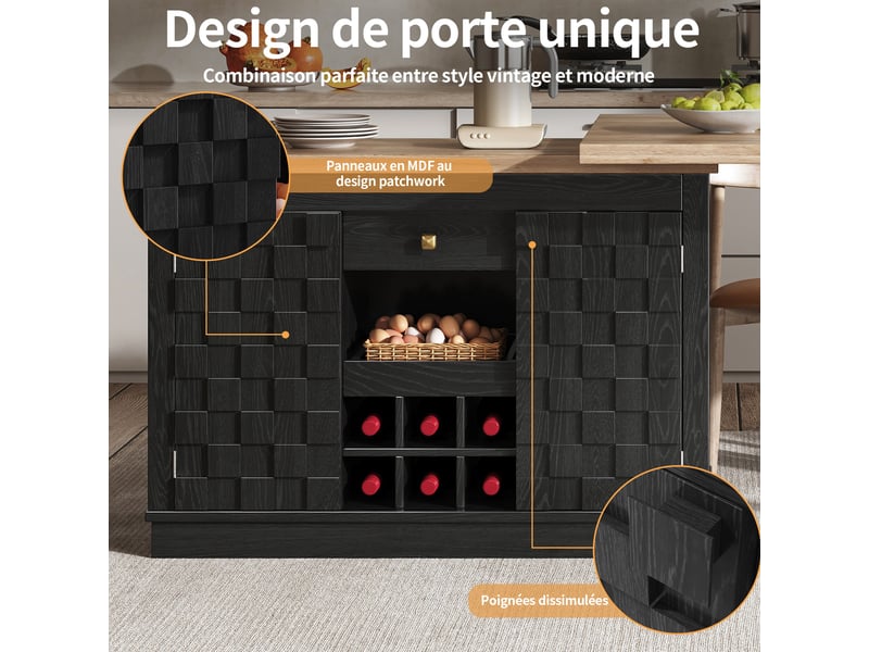  Îlot de cuisine extensible 120-197 x 40 x 74,2 cm, plateau pivotant à 360°, casier à vin amovible, tiroir, noir  - Conforama E