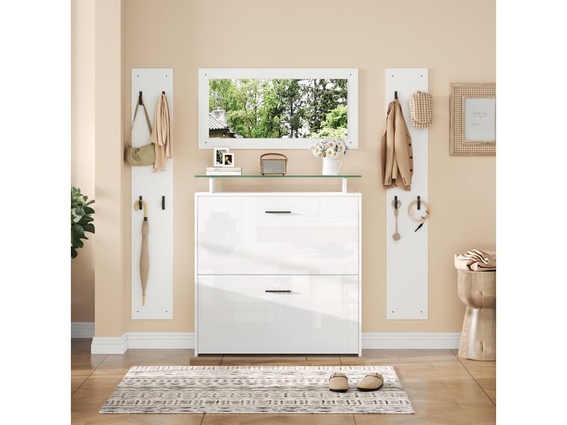  Ensemble meuble d'entrée complet 4 pièces, vestiaire de couloir gain de place avec meuble à chaussures miroir et 8 patères, style scandinave, blanc  - Conforama R