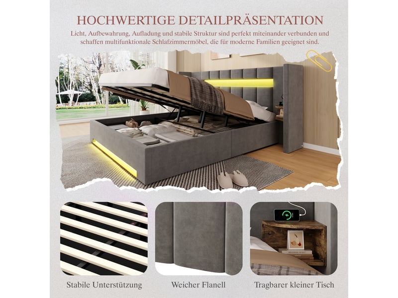  Lit coffre 180x200 cm, lit double, rangement hydraulique, armoire, led, velours gris foncé, port usb  - Conforama E