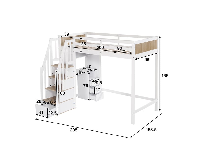  Lit mezzanine 90x200 cm, lit enfant avec bureau et rangements, avec escalier de stockage, en bois de pin massif et mdf, style scandinave, blanc  - Conforama E