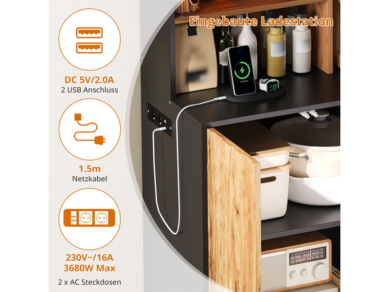 Buffet cuisine 4 portes, 120 x 43 x 160 cm, éclairage led, prises, ports usb, panneau perforé et anti-basculement, mdf, noir Morn Vibe - Conforama E