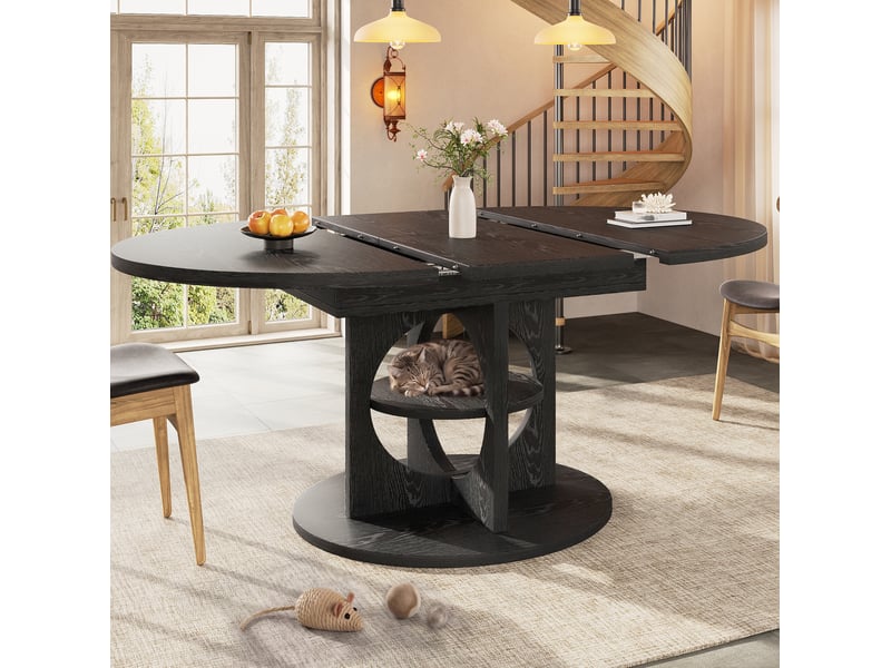  Table de salle à manger extensible avec étagère intégrée, ronde à ovale, pour cuisine et salle à manger, en mdf noir  - Conforama D