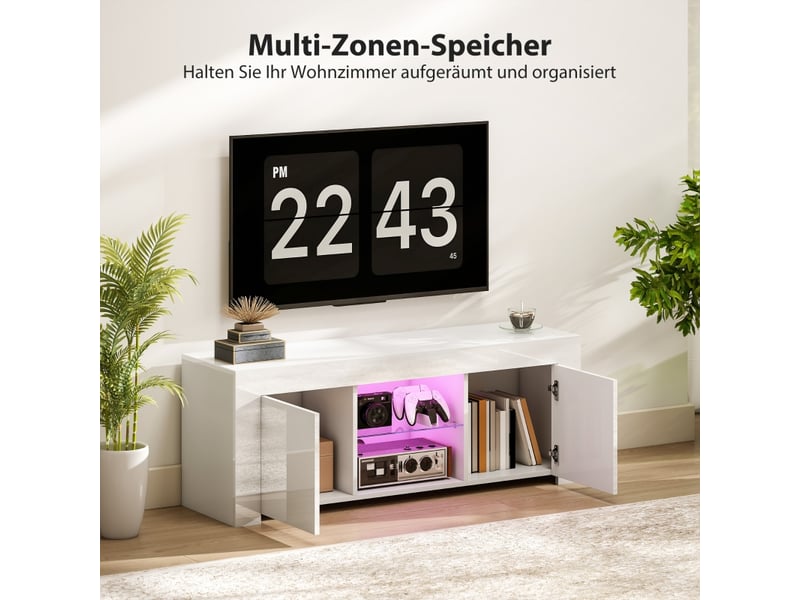  Meuble tv avec 2 portes, 2 niches ouvertes, led et passe-câbles pour salon moderne blanc brillant 120×34×45 cm  - Conforama C