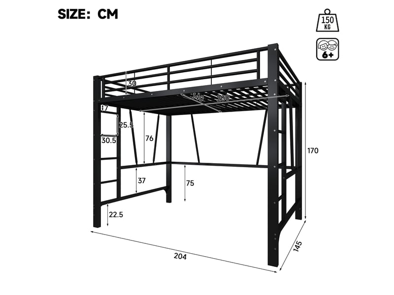  Lit mezzanine 140 × 200 cm 2 places avec double échelle, barrières de sécurité, sans matelas, en métal, noir  - Conforama D