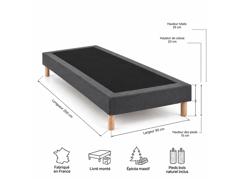  Sommier tapissier déco 90x200 cm gris - hauteur 35 cm - caisse 20 cm - pieds inclus  - Conforama E
