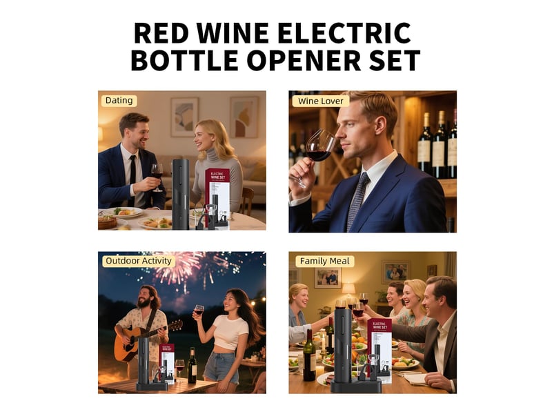  Décapsuleur électrique 5 en 1 avec base de rangement rechargeable, coupe-capsule, bec verseur et bouchon de vin  - Conforama E