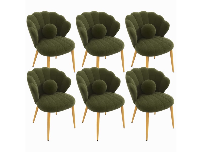  Lot de 6 chaises de salle à manger dossier coquillage en tissu teddy vert, pieds dorés  - Conforama A