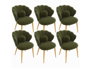 Lot de 6 chaises de salle à manger dossier coquillage en tissu teddy vert, pieds dorés