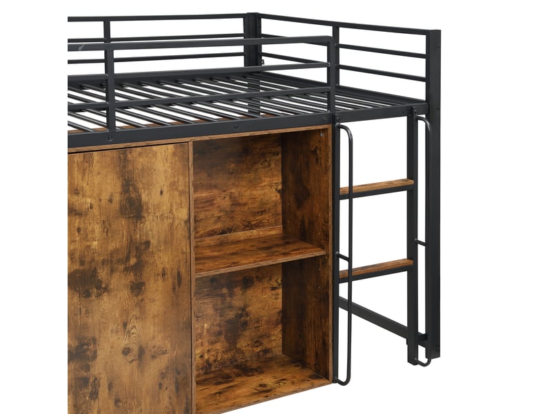  Lit mezzanine adulte 120x200 cm noir décor bois, rangement avec led et prise eu, structure métal mdf  - Conforama E