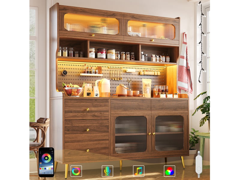 Buffet haut led avec contrôle via application, 145x39x171 cm, coloris noyer evryae - Conforama D