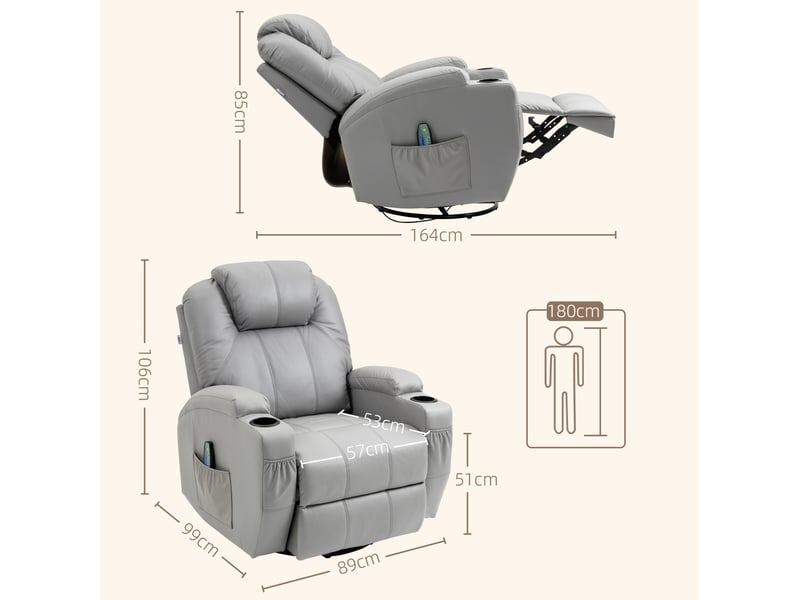  Fauteuil de massage inclinable manuel 8 points de vibration, 5 modes, pivotant 360 degrés, gris clair, charge maximale 150 kg  - Conforama C
