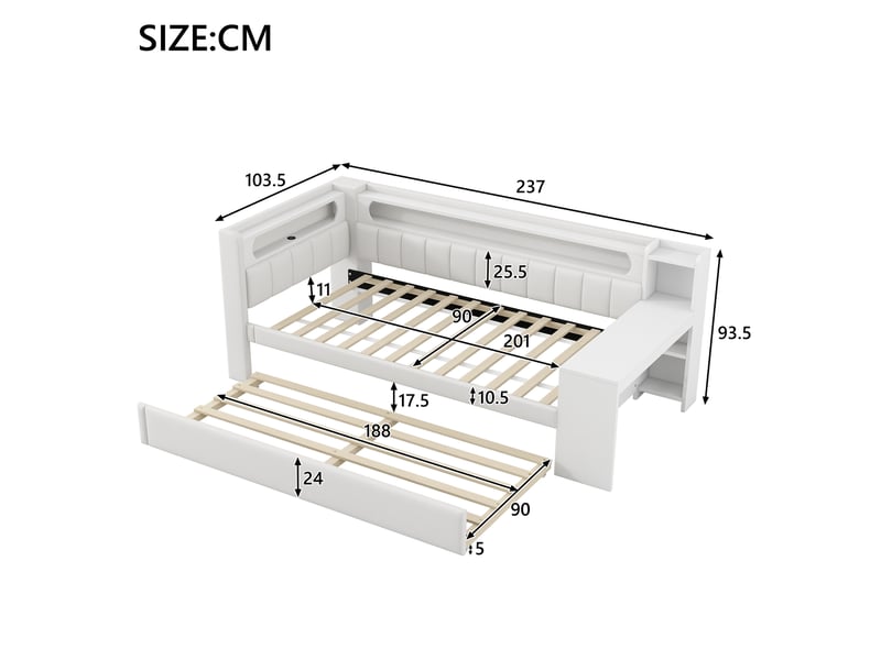  Lit gigogne rembourré 90x200cm coloris blanc mdf led lit enfant blanc - Conforama C