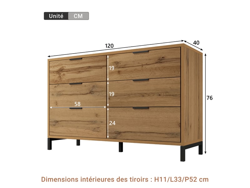 Buffet industriel chêne foncé 120 × 40 × 76 cm, 6 tiroirs IKSETERA TRADING LTD - Conforama C