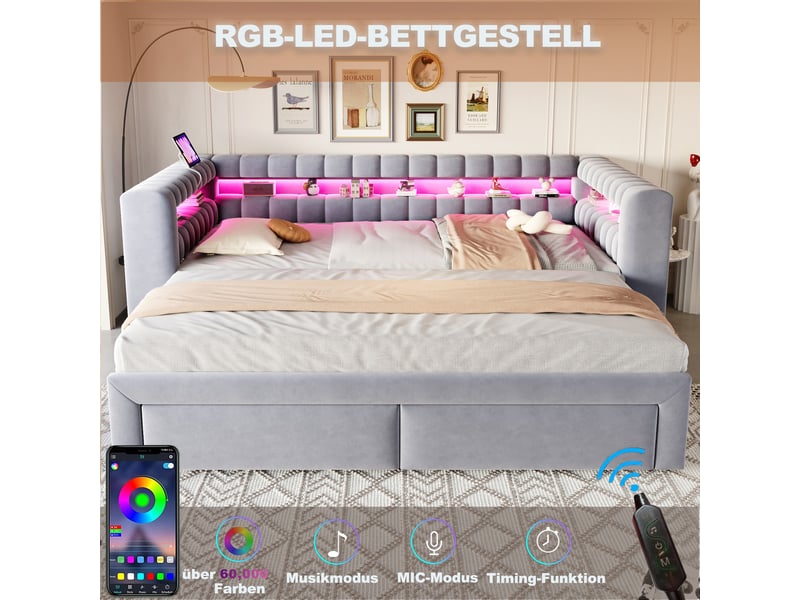  Lit gigogne 90x190 cm - banquette convertible 180x190 cm - 2 tiroirs - led usb-c - gris  - Conforama E