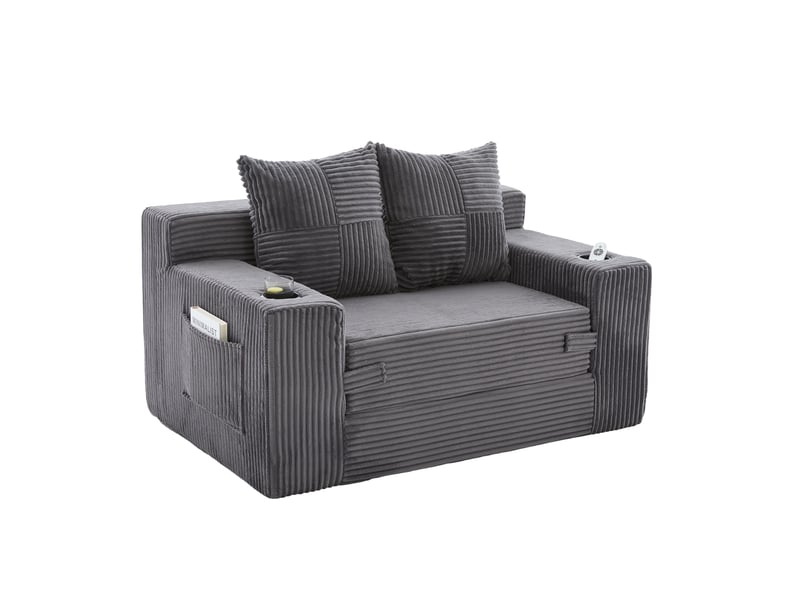 Canapé convertible 2 places avec coussins, poches latérales et porte-gobelet en velours côtelé gris - Conforama A