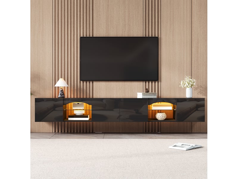  Meuble tv mural 200x30x28 cm avec led et 4 portes, coloris noir  - Conforama B