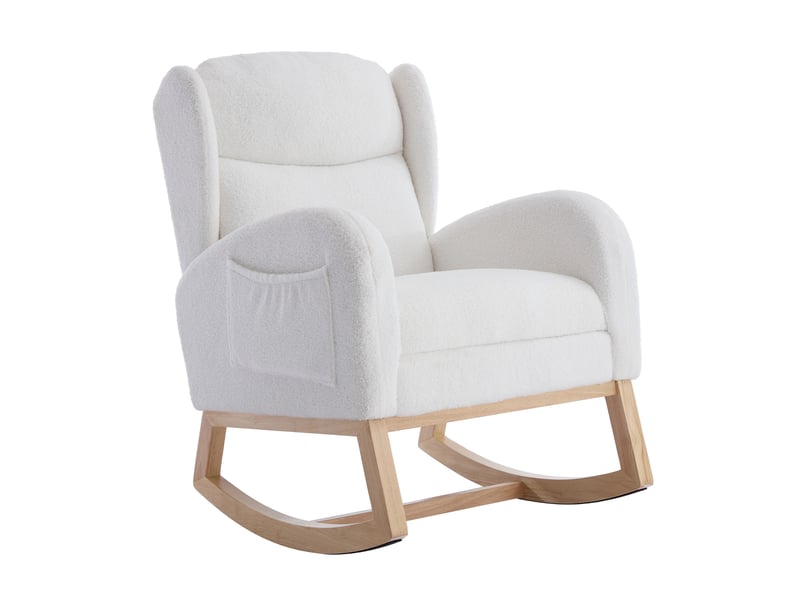 Fauteuil à bascule teddy avec repose-pieds réglable et poche, dossier haut, blanc - Conforama D