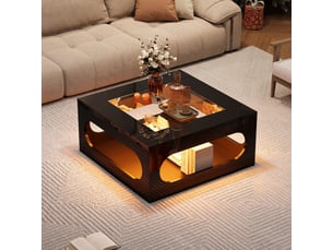Table basse carrée avec espace ouvert central et led, plateau en verre trempé, pour salon, en mdf, noir - uvrion