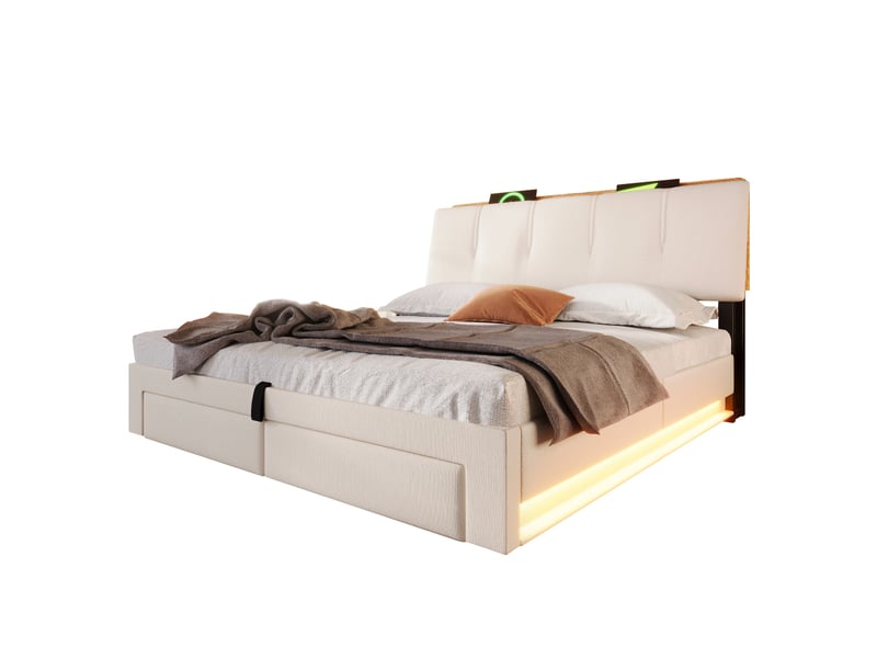  Lit capitonné, 140 x 200 cm, suspension hydraulique, avec port usb type-c, sans matelas, rangement multifonctionnel, éclairage led, commande par bouton-poussoirapplication, lin, beige  - Conforama A