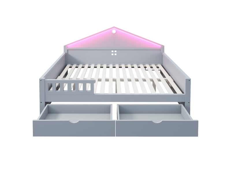  Lit enfant multifonctionnel 140x200 cm - lit 2 places avec rangement, 2 tiroirs, led et sommier à lattes - gris  - Conforama W