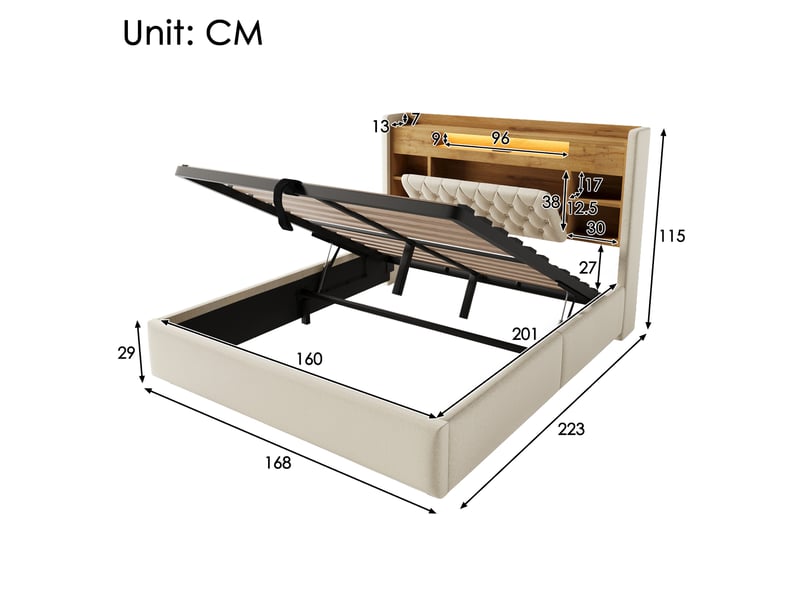Lit coffre 160x200 cm rembourré avec coffre hydraulique, led, usbtype-c, tête de lit avec étagère et rangement, lin, beige Sol Morn - Conforama C