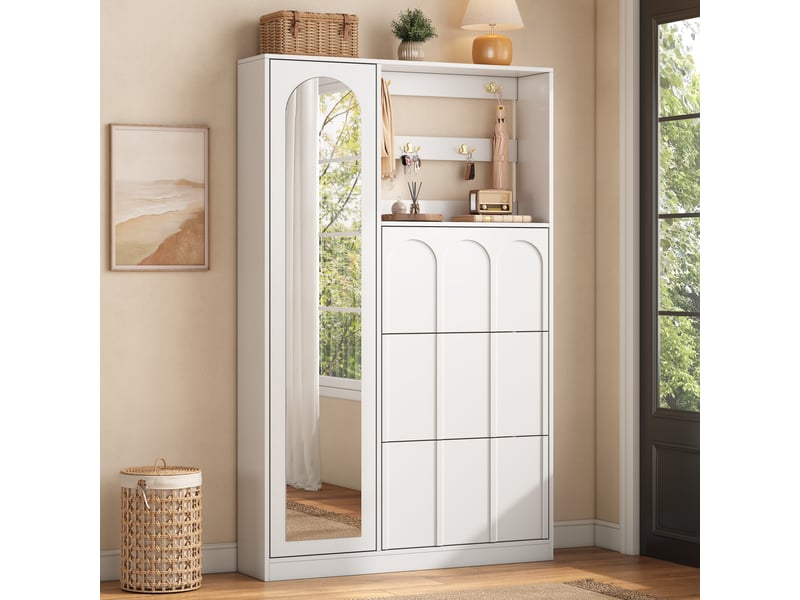  Meuble d'entrée 100x24x164 cm avec miroir, 3 abattants à chaussures, mdf rangements et crochets en zinc, sans poignées - blanc  - Conforama B