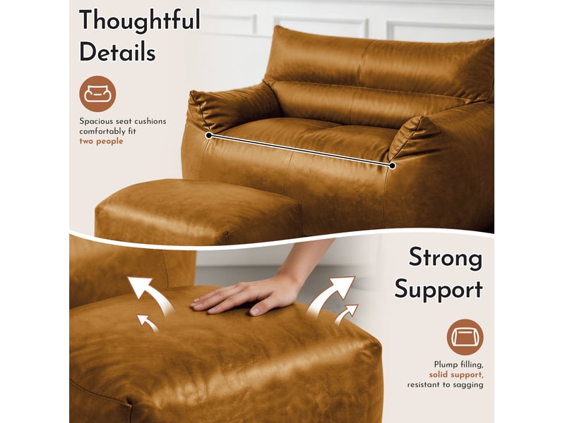 Canapé pouf 2 places modenvie avec repose-pieds, tissu technique et simili marron, mousse à mémoire de forme, 135 x 100 x 75 cm - Conforama E